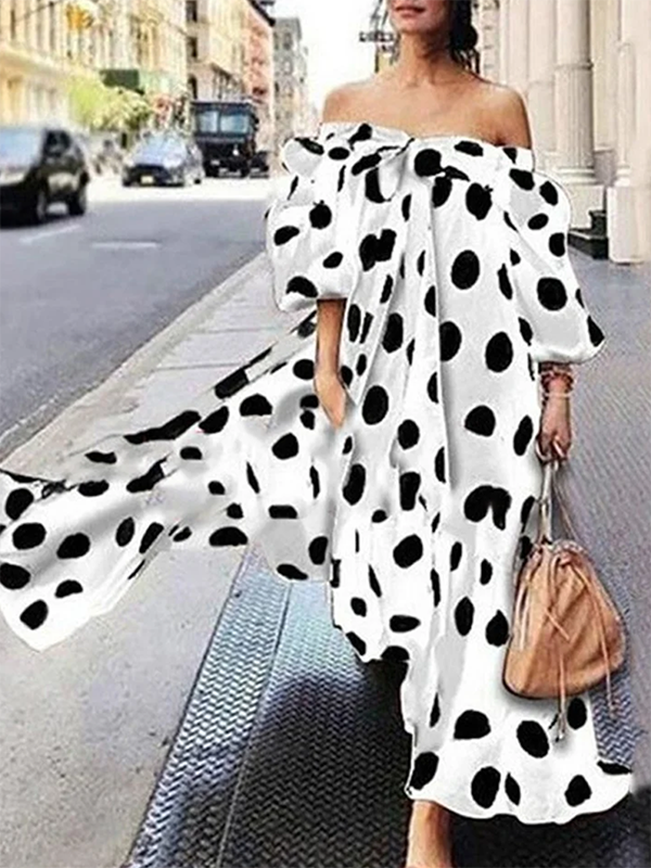 Chicmy-Half Sleeves Long Sleeves Polka-Dot Off-The-Shoulder Maxi Dresses
