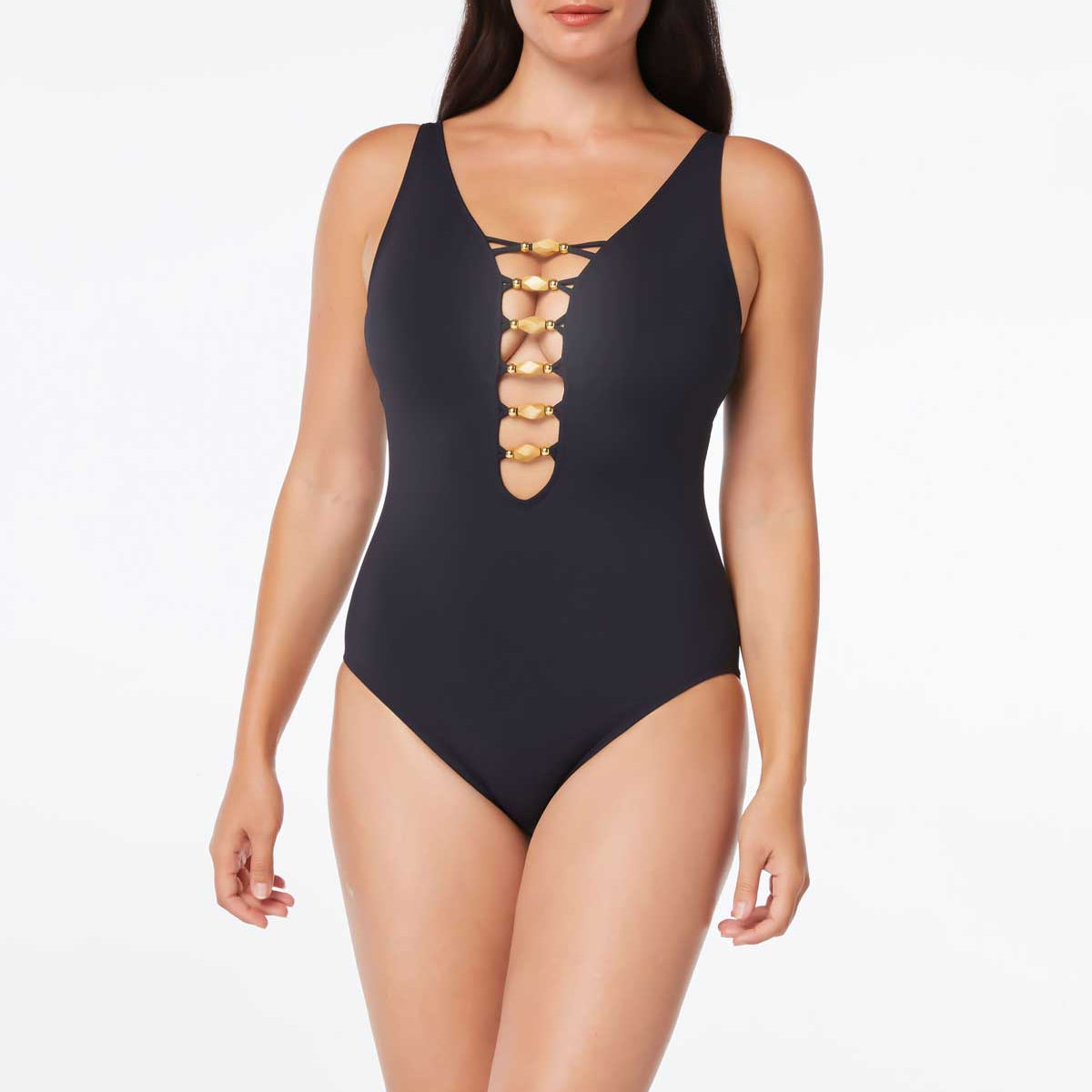 Vince Camuto Plunge One Piece Swimsuit - Seaside Leopard