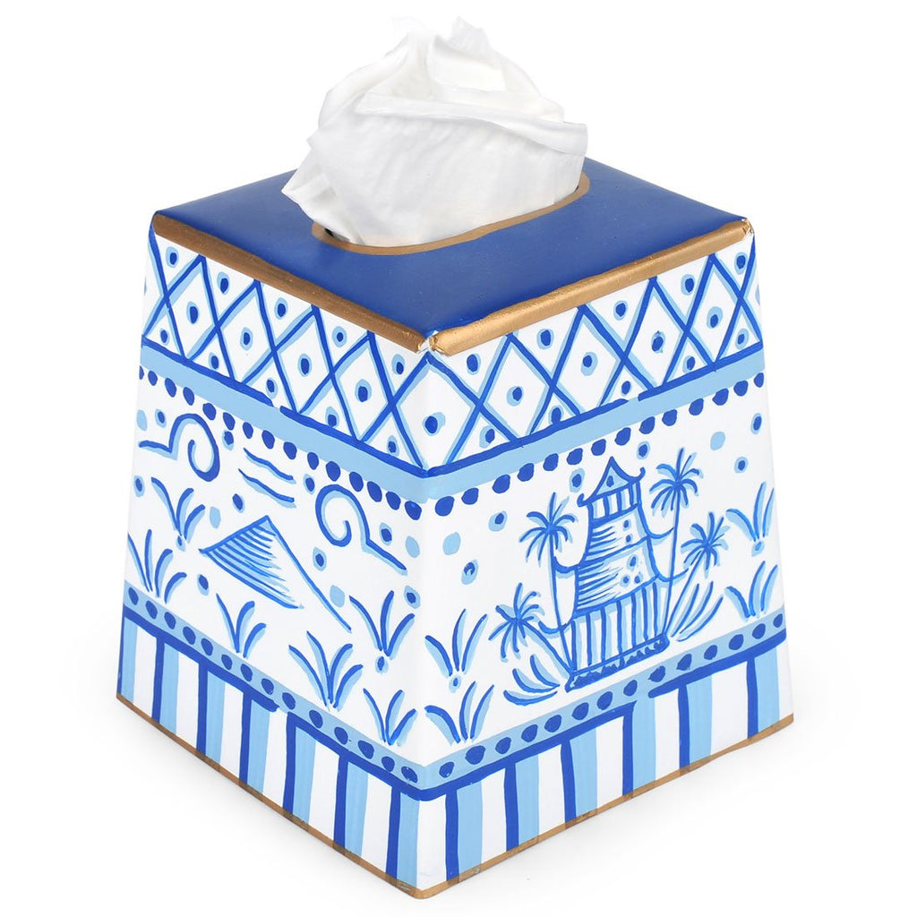 blue and white tissue box cover