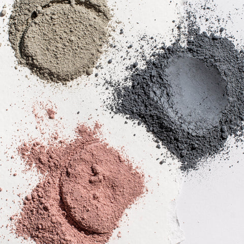 terra powdered clay masks close up of rose, volcanic and matcha clays