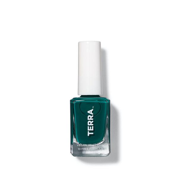 Terra nail polish number 29 emerald green bottle with white cap.