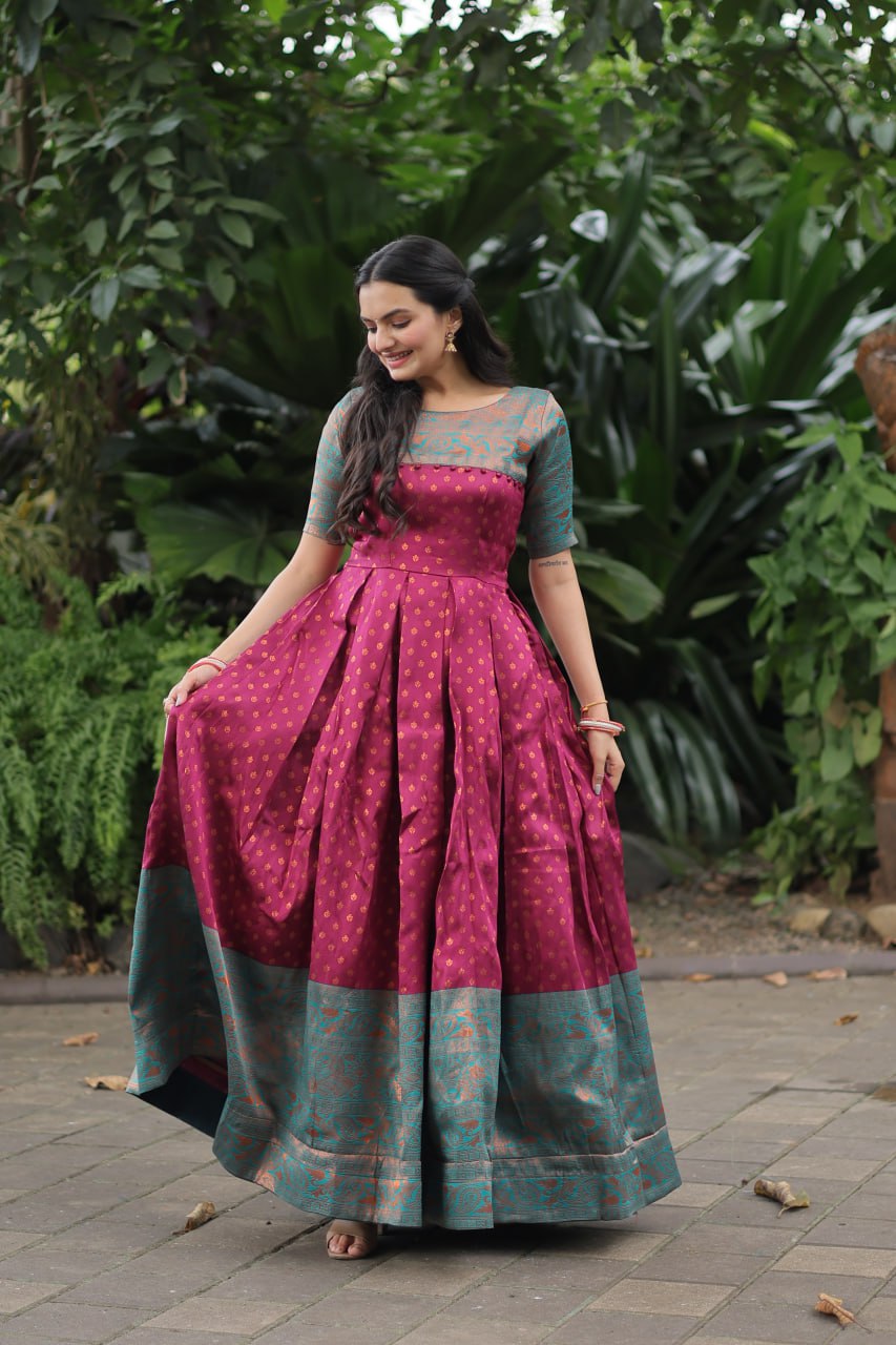 $26 - $39 - Aqua Blue Readymade Style Banarasi Silk Gown and Aqua Blue  Readymade Style Banarasi Silk Designer Gown Online Shopping