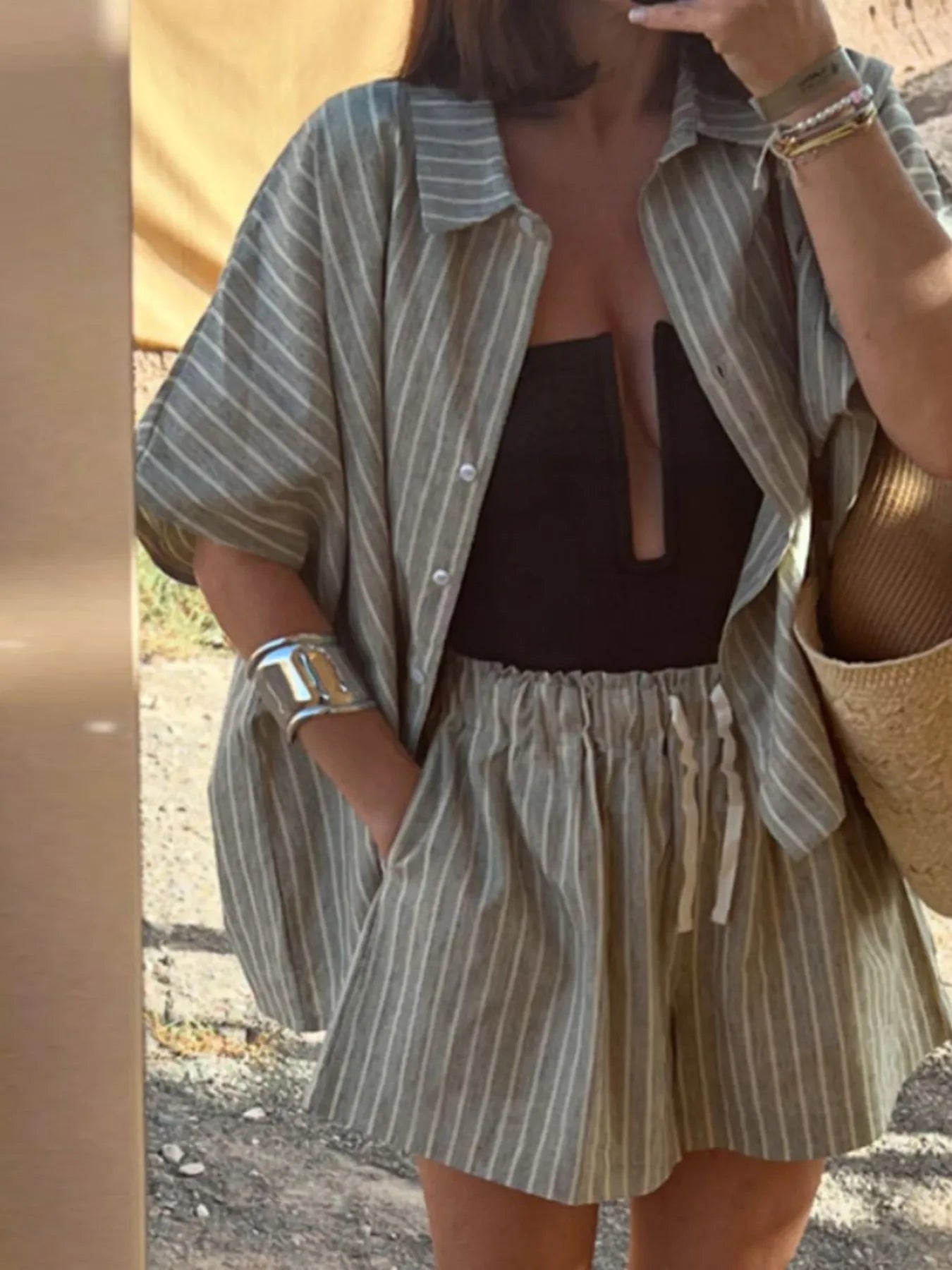 Striped Linen Shirt and Shorts Two-Piece Summer Set