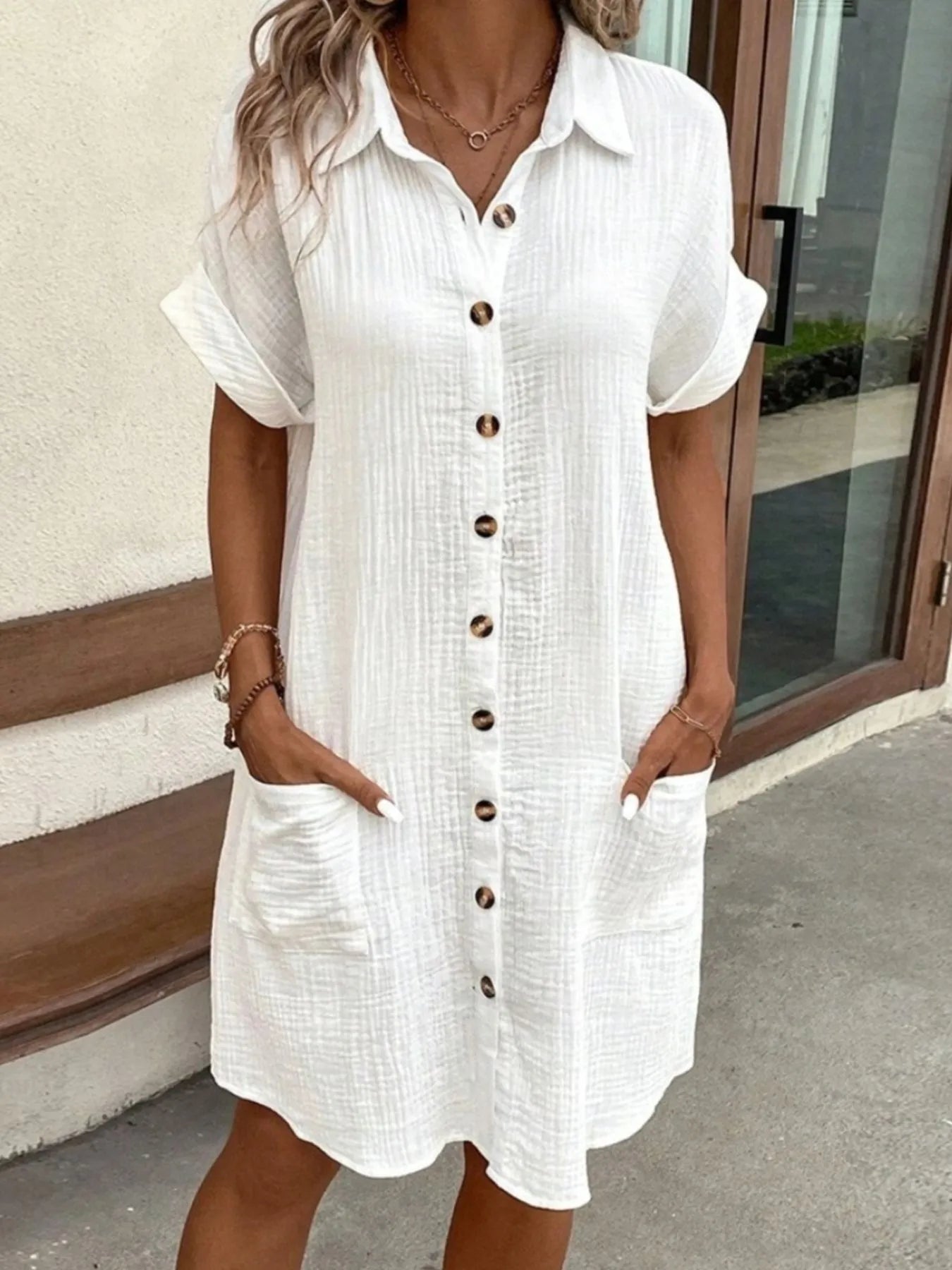 Casual Button Down Cotton Shirt Dress with Pockets