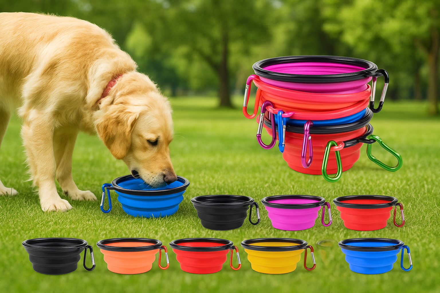 Chien utilisant une gamelle pliable en silicone au parc lors d'une promenade – Disponible chez Museau Dort