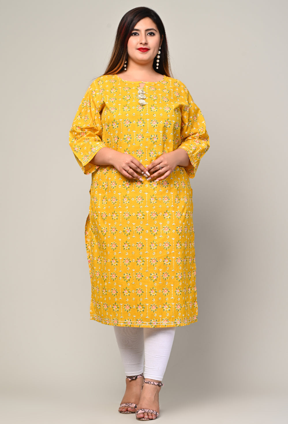 Stunning Yellow Floral Print Plus Size Kurta