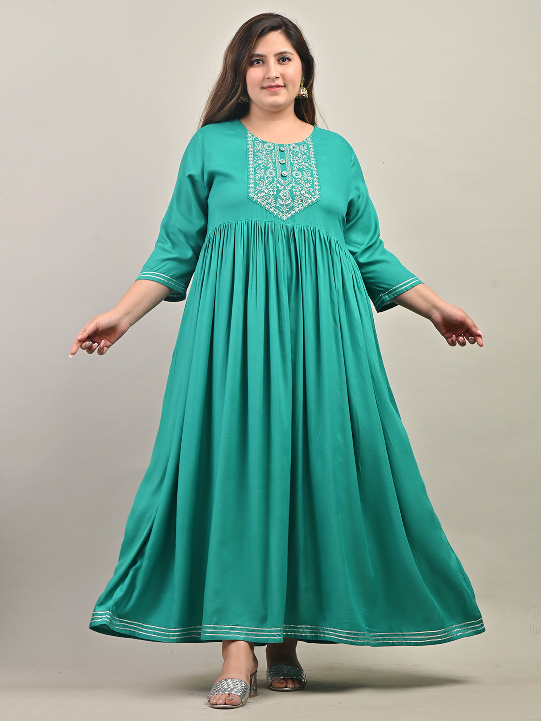 Plus Size Turquoise Cotton Blend Embroidered Anarkali -591 | Swasti ...