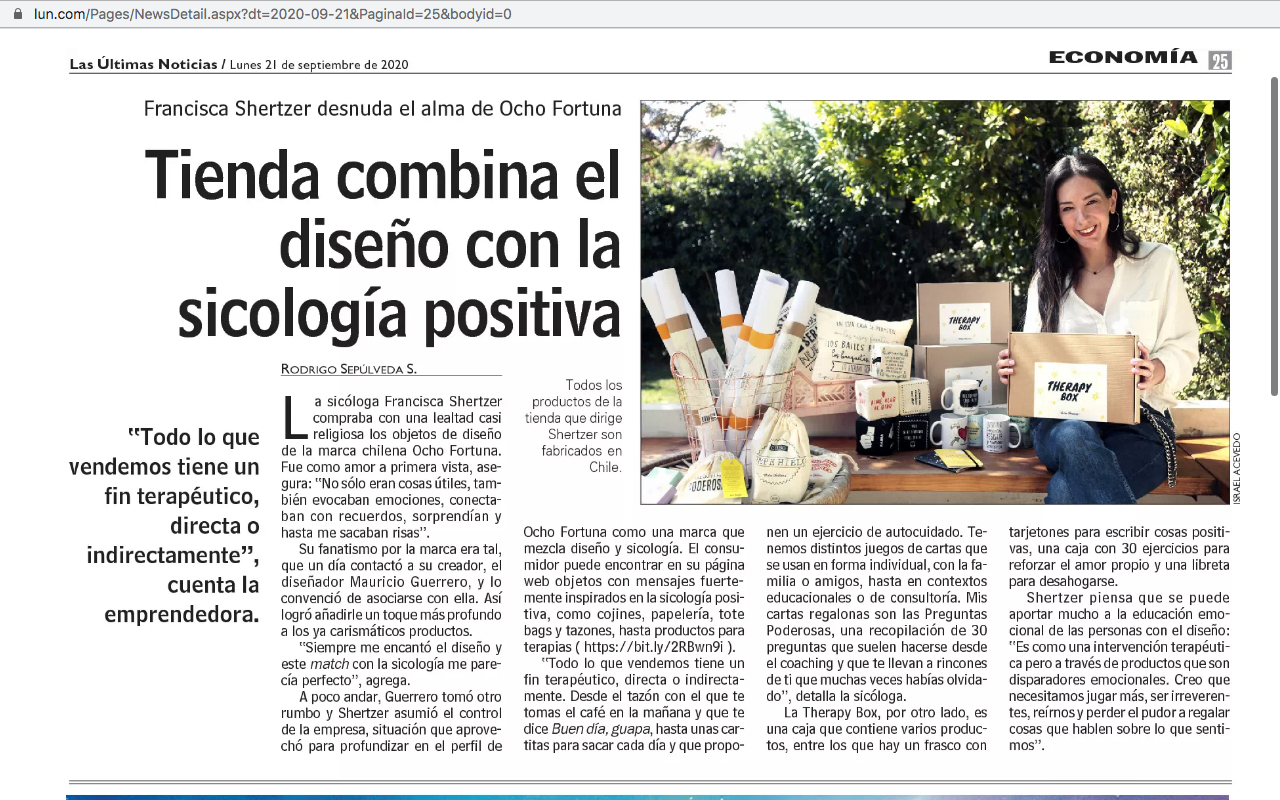Noticia en el diario Las últimas noticias, donde entrevista a Francisca Shertzer para conocer más sobre la pyme Ocho Fortuna