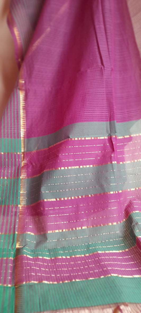 Pure Cotton Kota Doria Block Printed Saree with Zari Border, Blue, SR1 –  Scarlet Thread
