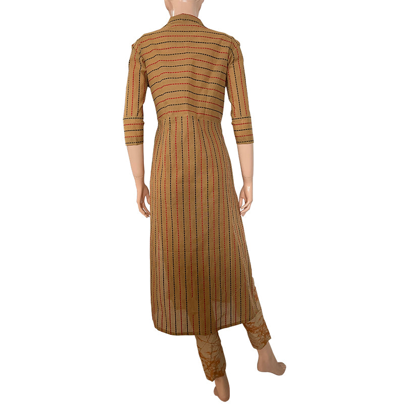 Striped Woven Thread Handloom Cotton Straight cut Kurta with Wooden Button Details,  Beige,  KH1067