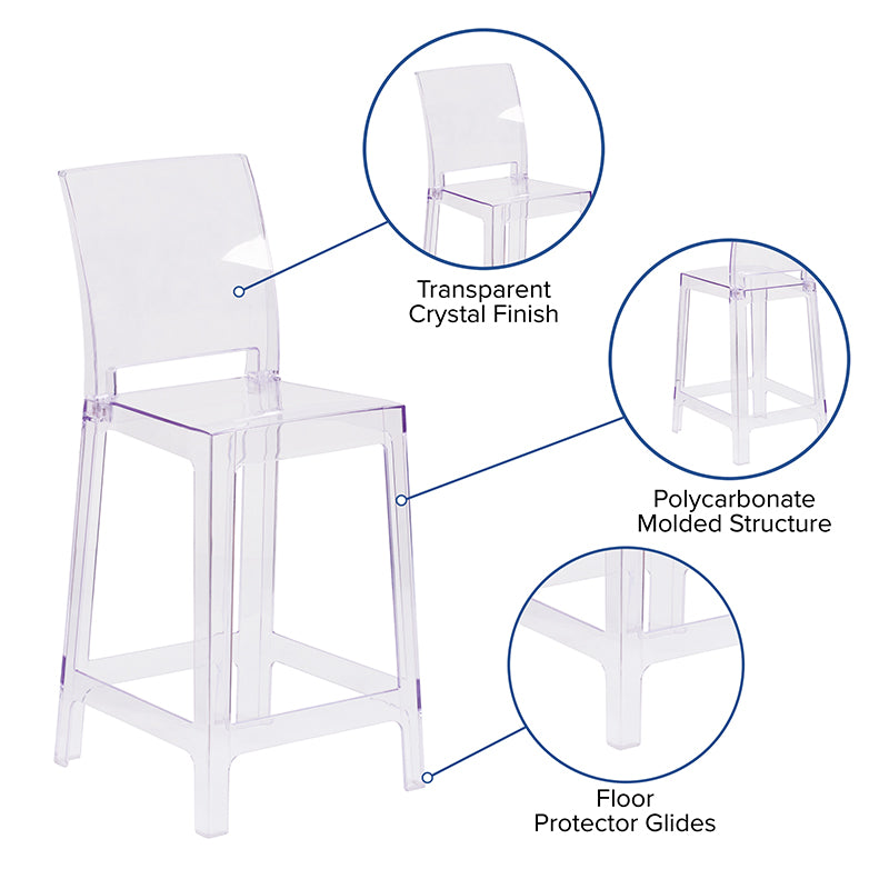 Ghost Counter Stool with Square Back in Transparent Crystal