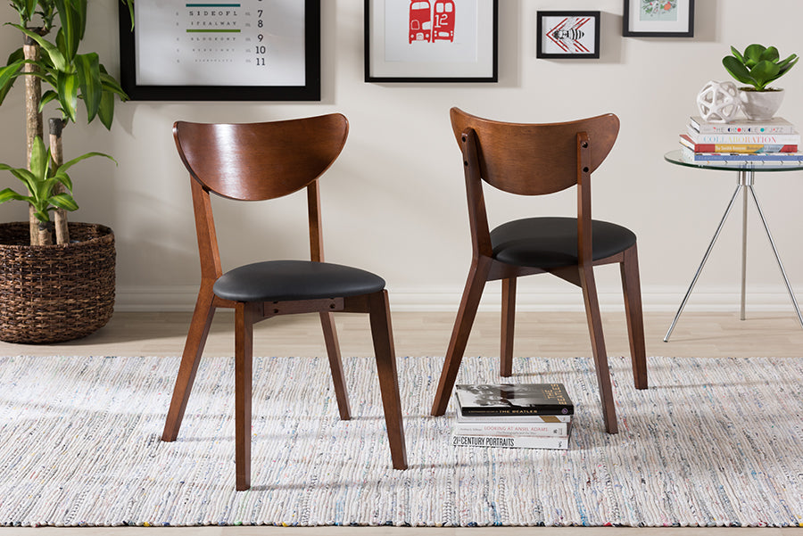 Sumner Mid-Century Black Faux Leather and Walnut Brown Dining Chair