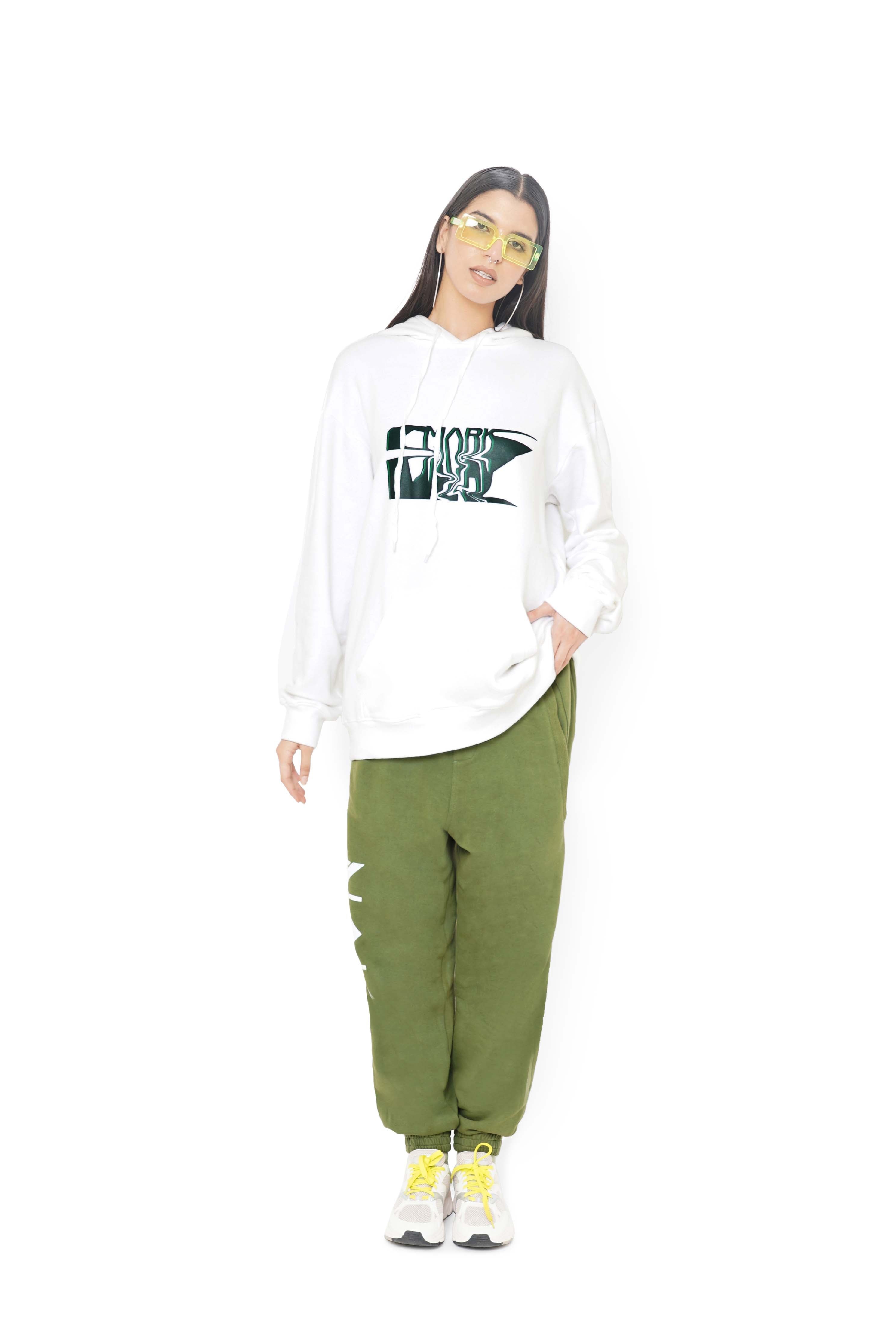 white sweatpants and hoodie set