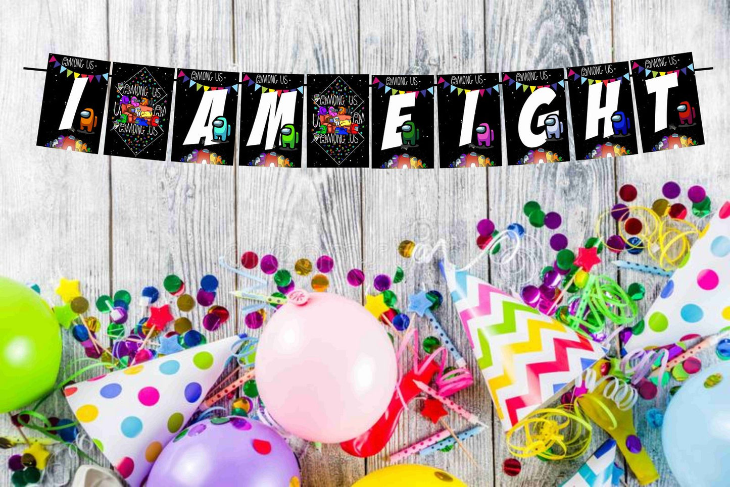 Among Us I Am Eight 8th Birthday Banner for Photo Shoot Backdrop and Theme Party - Balloonistics