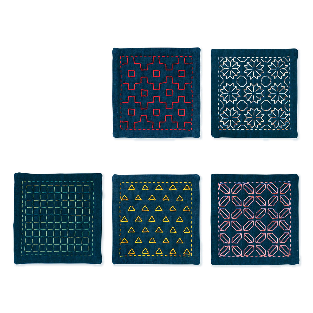 Sashiko Kit - Ivory Coasters | Sashiko Hand Embroidery Kit in Ivory with  Blue and Red Sashiko Thread and Needles