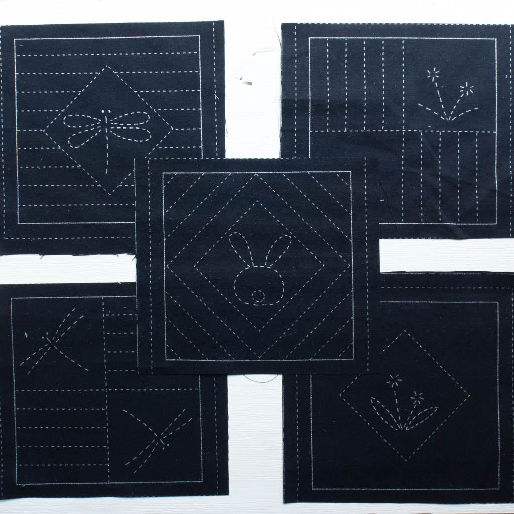Sashiko Pre-printed Panel - HM-21 - Hexagon Crests & Traditional Motifs -  Dark Navy