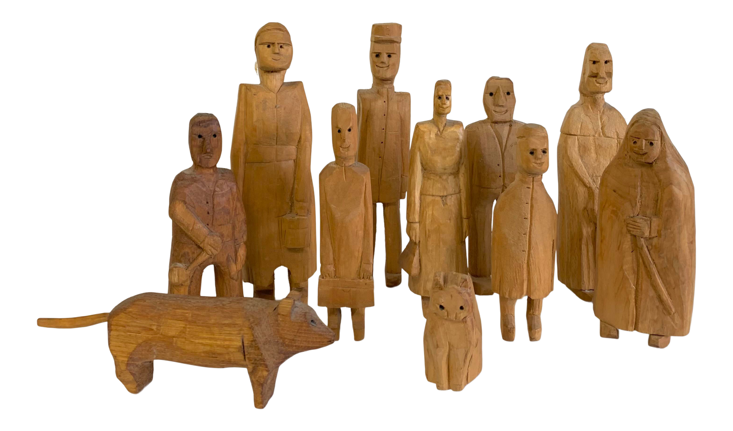 Vintage Mid 20th Century Solid Wood Folk Art Family Carved Figures, 11 Pieces