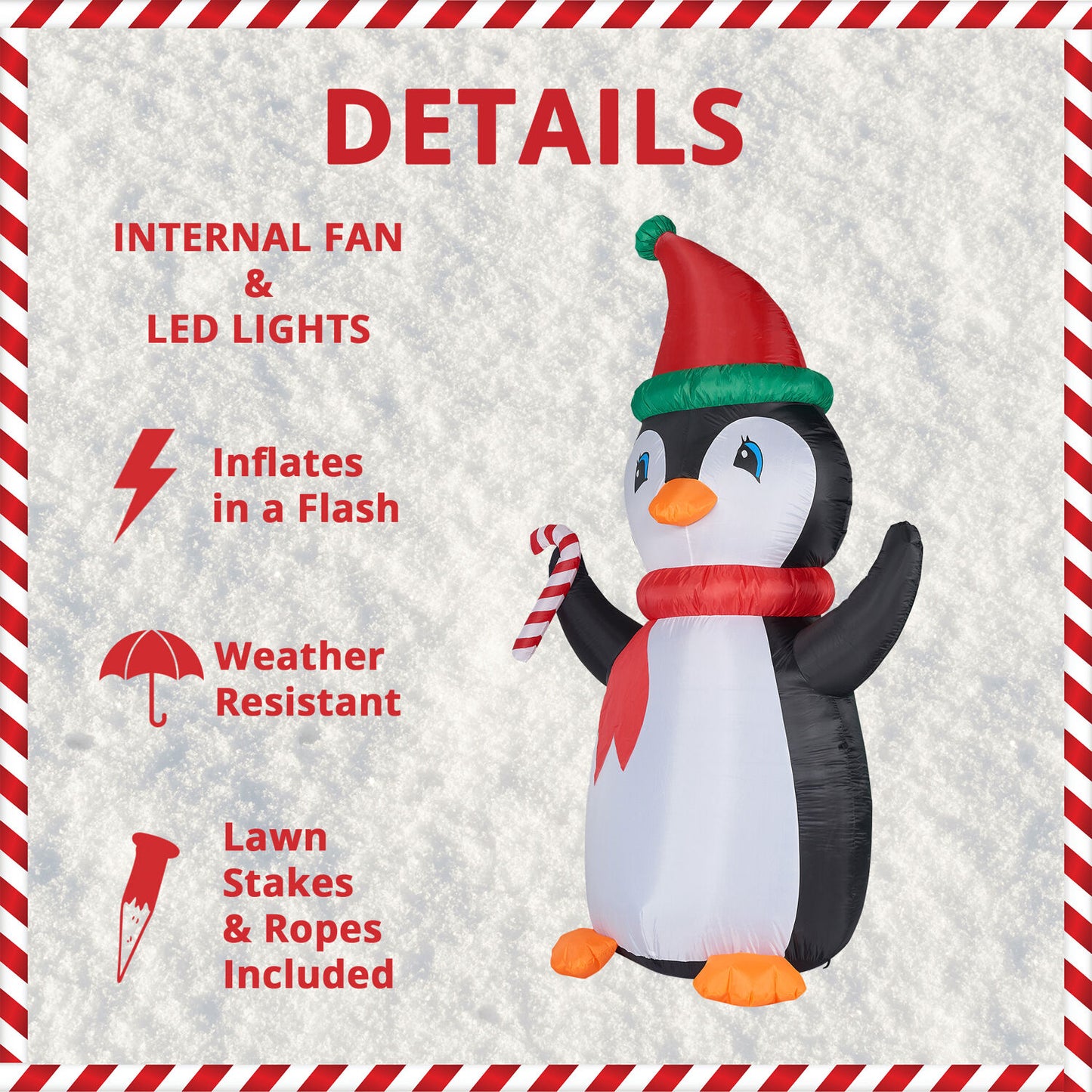 Fraser Hill FarmYard Inflatable Tall Penguin with Candy Cane Blow Up with RGB Lights and Storage Bag 120"