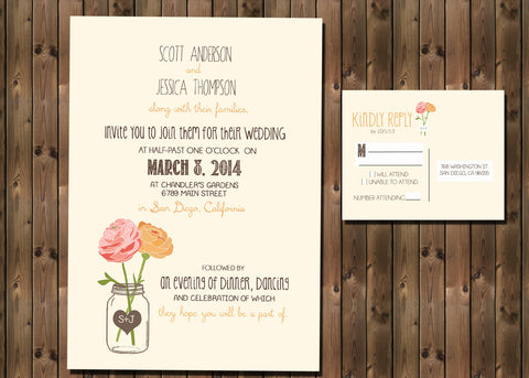Vintage Wedding Invitation Package with Flowers and Mason Jar, Simple Casual, Digital File Wedding Package