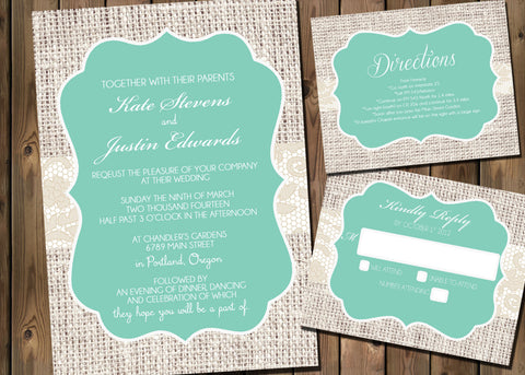 Simple Rustic Wedding Invitation with burlap and lace, casual, Digital File Wedding Package