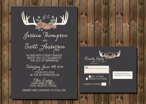 Rustic Antler with Flowers Wedding Invitation Package