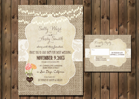 Vintage Rustic Wedding Invitation Package with Flowers and Mason Jar, Simple Casual, Digital File Wedding Package