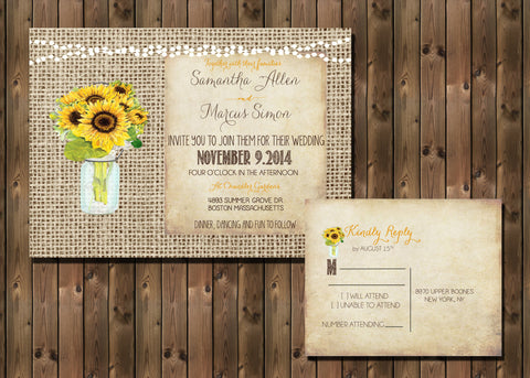 Sunflower Rustic Wedding Invitation with Lights Mason Jar and Burlap Background, Digital File