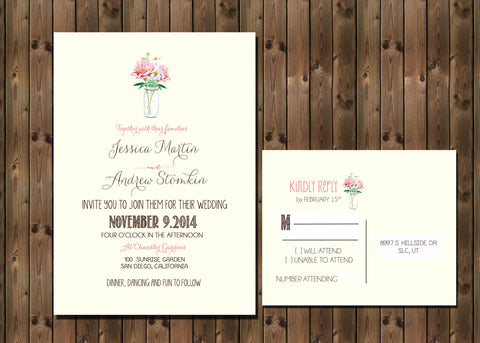 Mason Jar Wedding Invitation, Wedding Invite with Flowers and Mason Jar, Simple Casual, Digital File Wedding Package