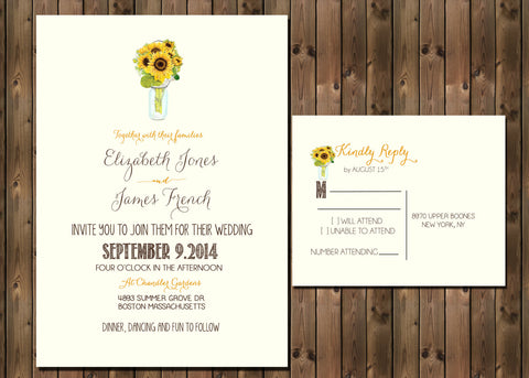 Sunflower Wedding Invitation with Mason Jar, Digital File