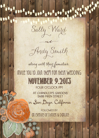 Rustic Wedding Invitation with wood planks and hanging lights, Package