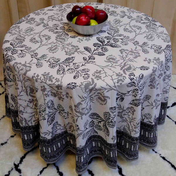 Handmade 100% Cotton Elegant Floral Tablecloth 90&quot; Round Gray White