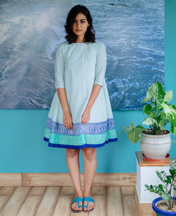 Pastel Mint Blue Hand Block Printed Swing Dress - Mogra Designs