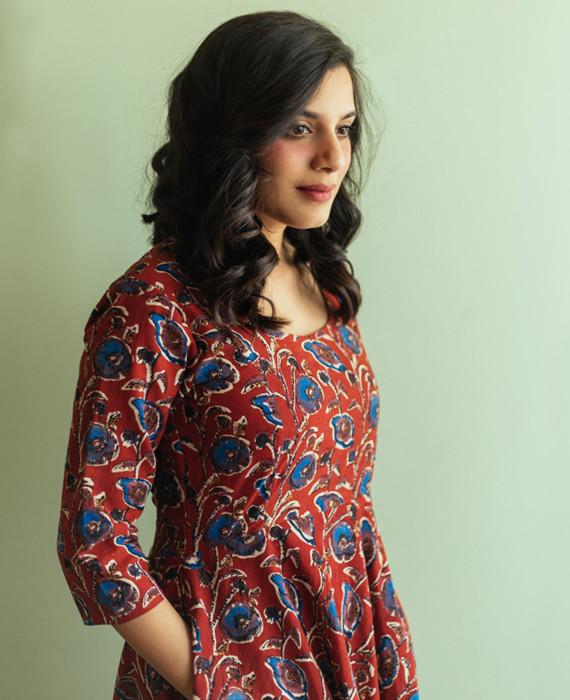 Red and Blue Block Printed Fit and Flare Dress - Mogra Designs