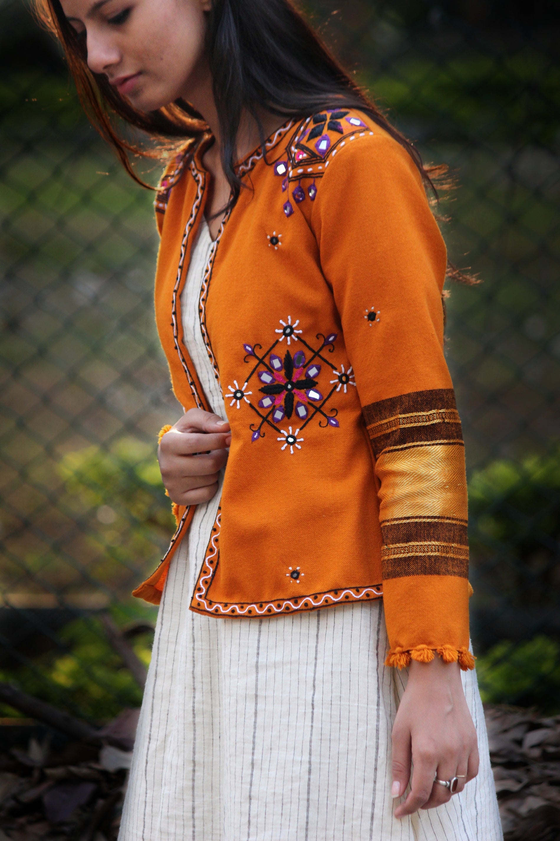 Mustard Handwoven & Hand Embroidered Mirror Work Cropped Jacket in Woo ...