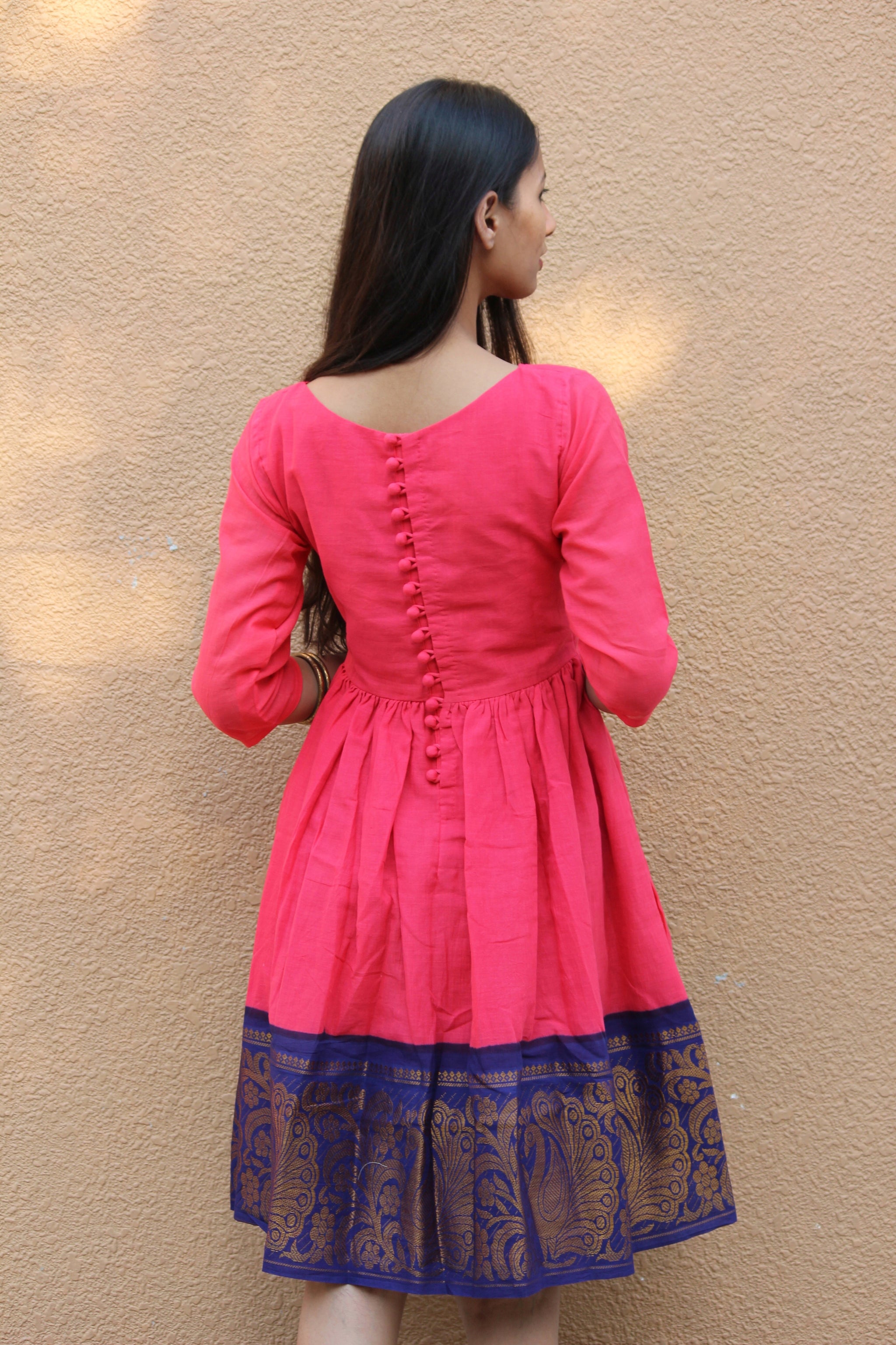 Flamingo Pink And Blue Fit Flare Madurai Saree Dress Mogra Designs