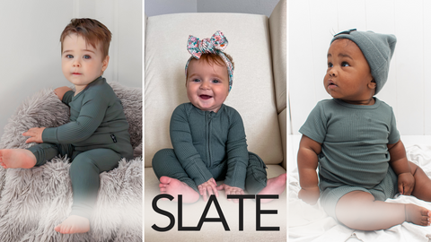 Slate zip rompers, two piece sets, and shortie sets
