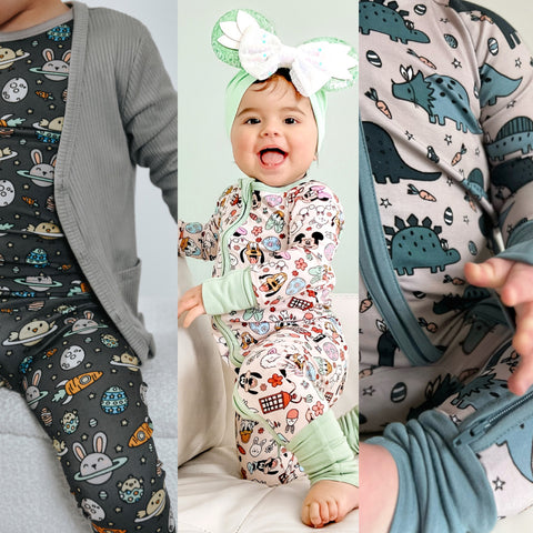 Holiday Easter Pajamas Gender Neutral Prints Neutral Colors Available in Rompers and 2 piece Sets