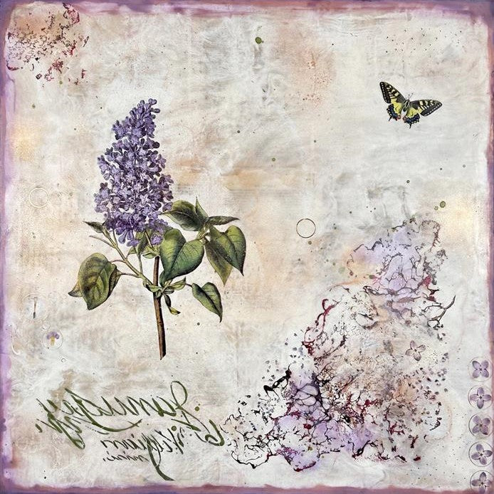"Lilac" by Shannon Amidon depicting a lilac flower blooming alongside a swallowtail butterfly