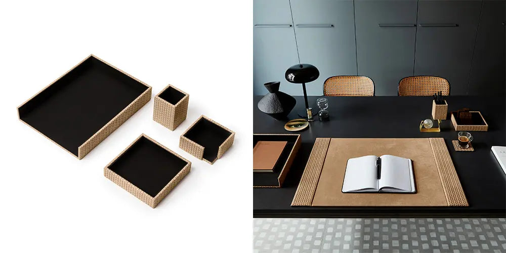 Giove - Leather Desk Accessories: Artisan Elegance for the Office Giove - Leather desk set including tray, pen holder, post-it holder, and organizer