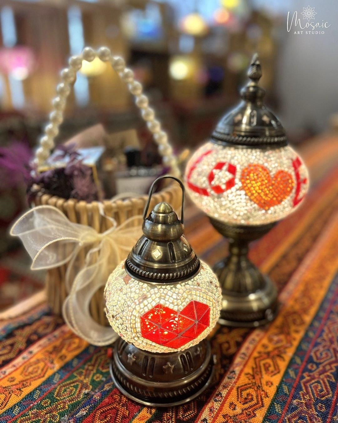 turkish mosaic lamp with heart pattern and with the word "Love"