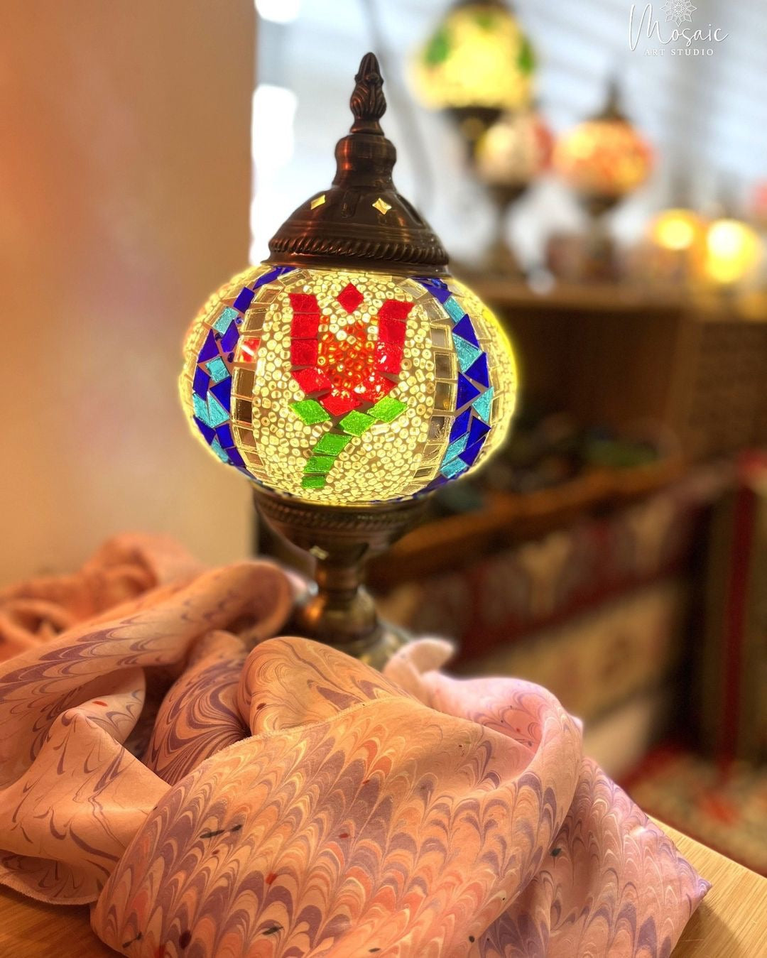 turkish mosaic lamp with tulip pattern on it