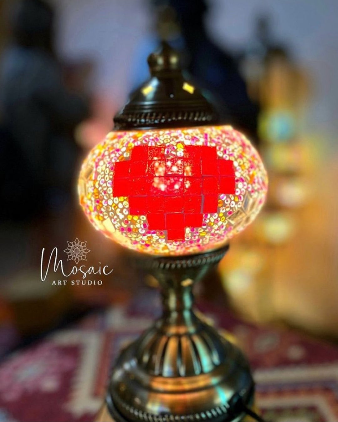 turkish mosaic lamp with heart shape on it made with only square shape glass mosaics