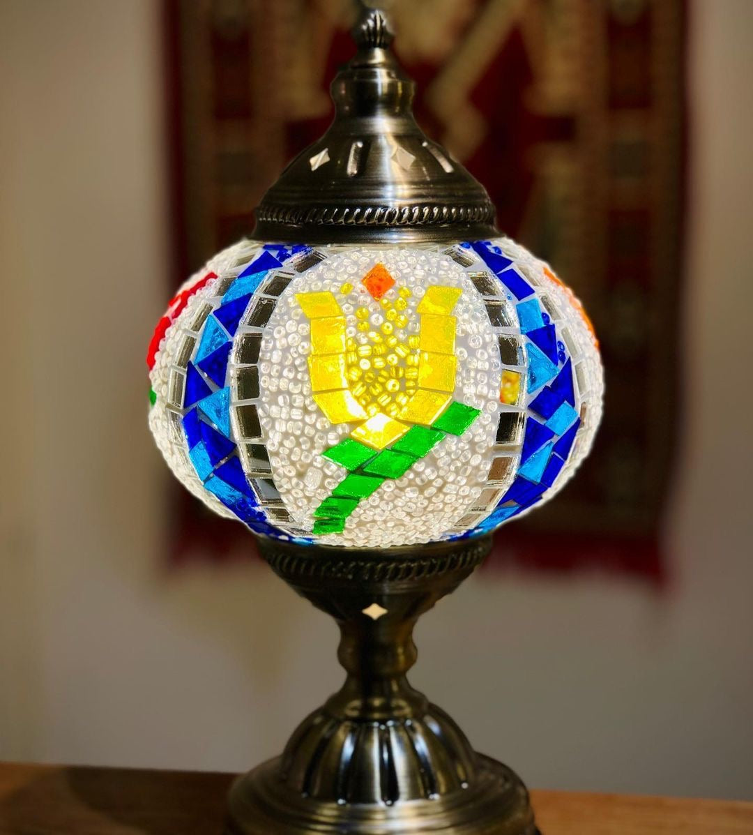 Turkish mosaic lamp with yellow tulip pattern on it