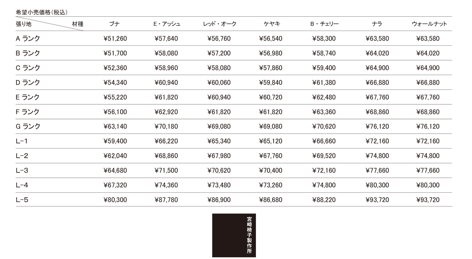 宮崎椅子ハクチェア価格表