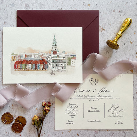 INVITACION DE BODA + SOBRE CON ACUARELA PERSONALIZADA en Arte Papel