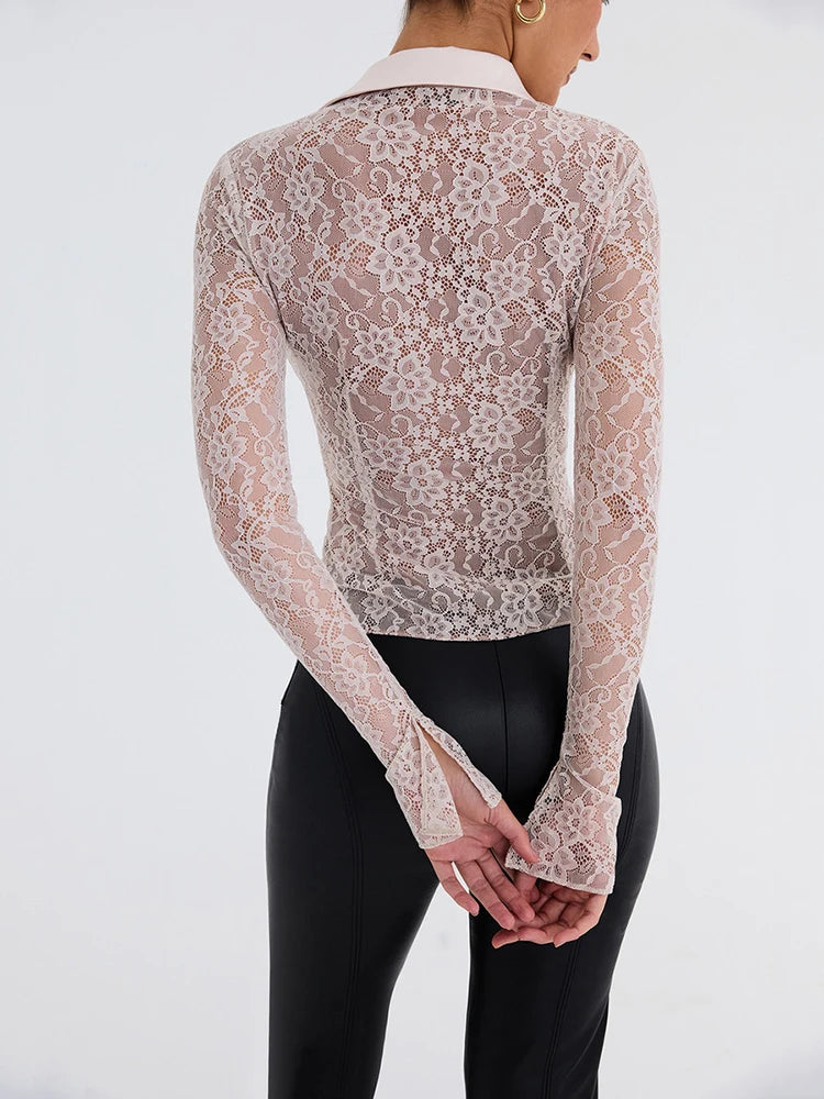 Flare Sleeve Lace T-shirt with Turn-down Collar for Women
