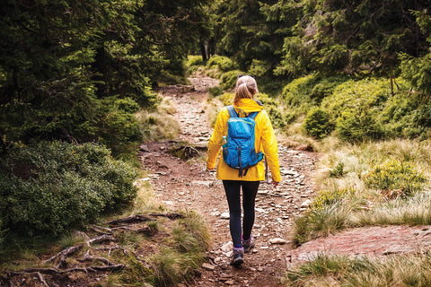 Woman hiking in forest trail surrounded by trees and nature