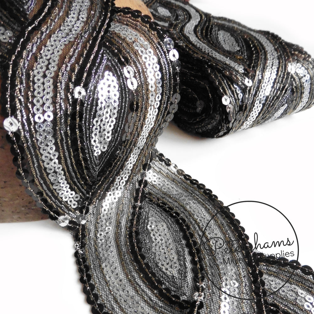 Sheer Black and Silver Sequin Metallic Mesh Trim - 1m – Petershams ...