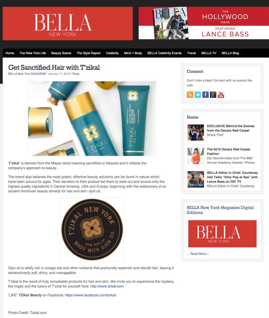 T'zikal All Natural Haircare with Ojon OIl Press Bella NY Magazine Hollywood 2016 Issue