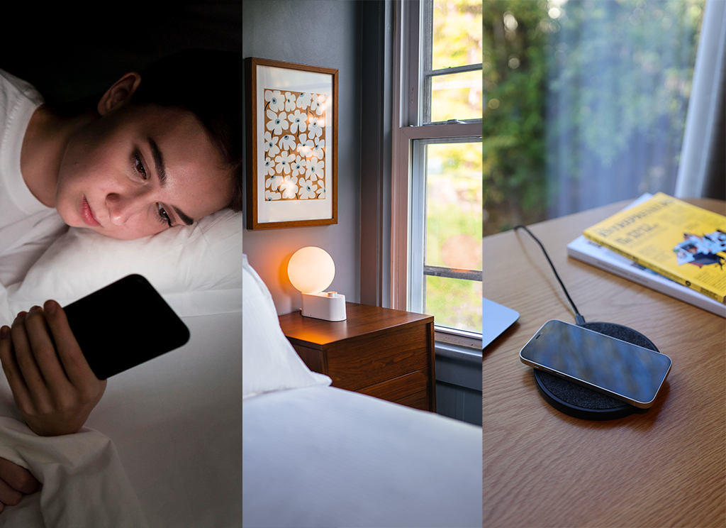 There are three images in one. A girl in bed looking at her phone, a bedside table in a bedroom and a wireless phone charging charging a phone